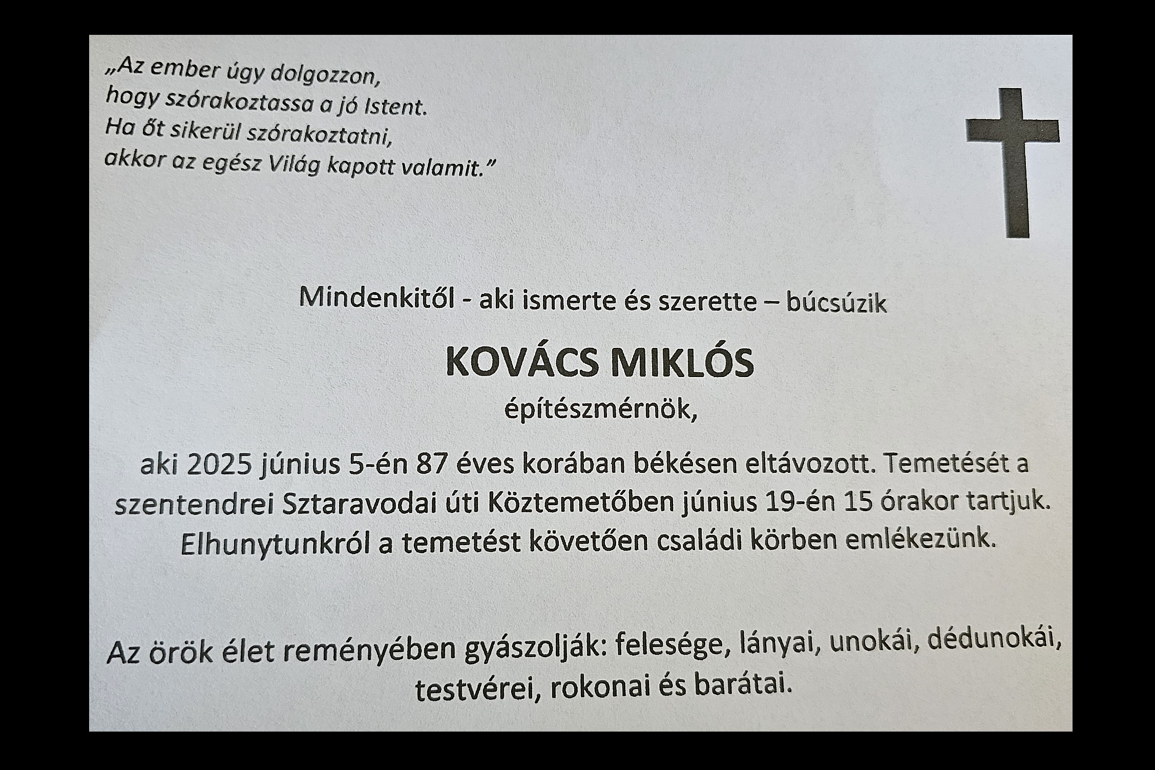 Elhunyt Kovács Miklós építészmérnök