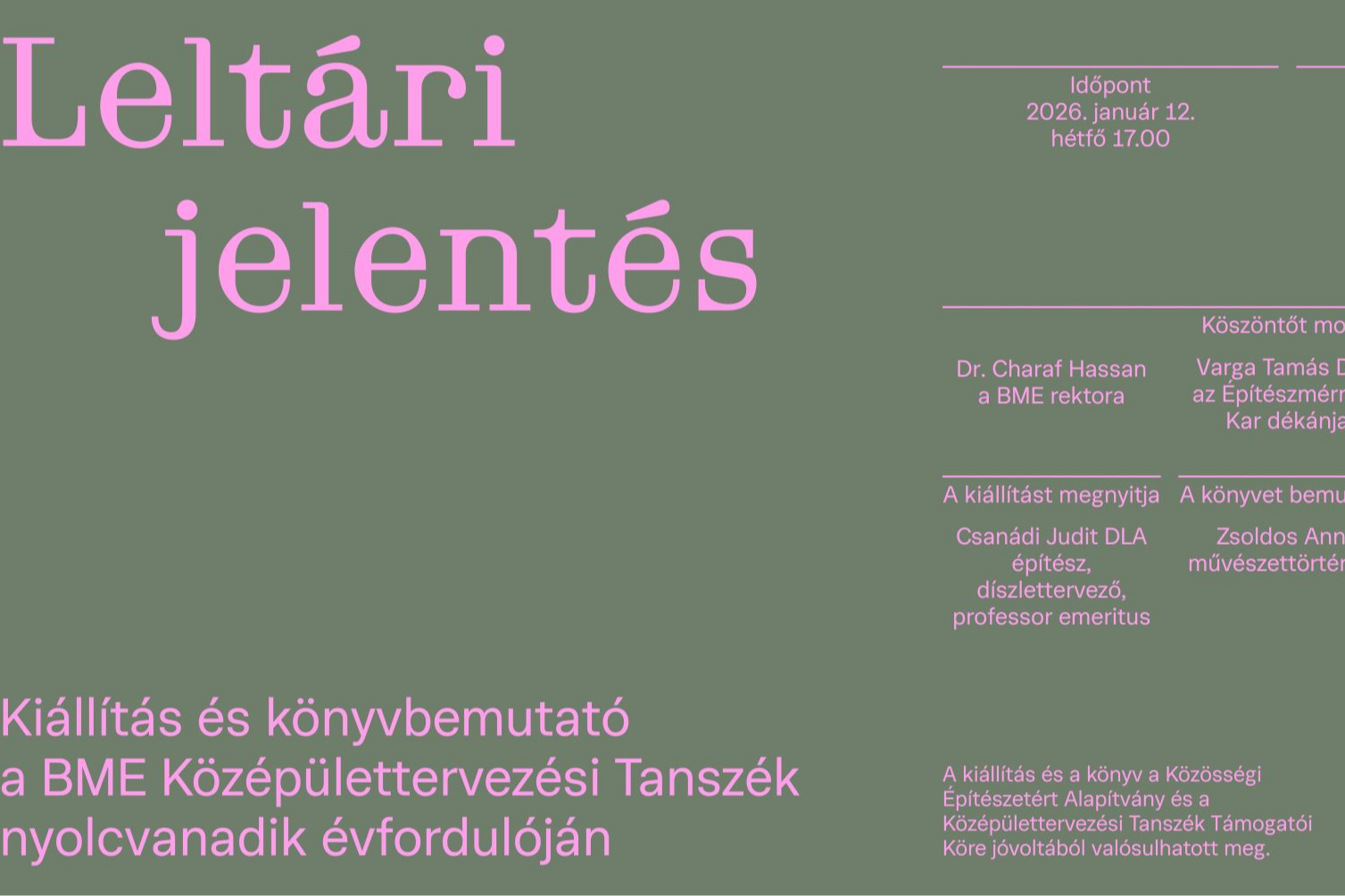 KÖZÉP80 eseménymeghívók /// 2026. jan. 12. kiállításmegnyitó és könyvbemutató és 2026. jan. 28. kiskonferencia és kerekasztal-beszélgetés /// FUGA