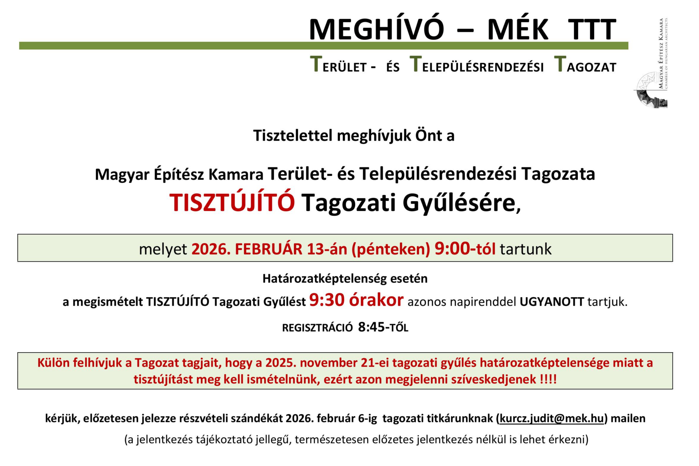 A MÉK Terület- és Településrendezési Tagozatának Tisztújító Tagozati Gyűlése - 2026. február 13. péntek